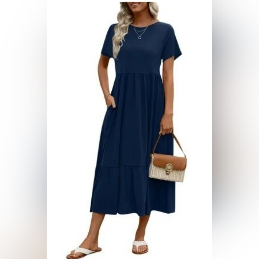 Elegant Navy Blue Maxi Dress With Pockets Size L